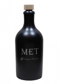 Steinzeugflasche 500ml schwarz-matt, bedruckt mit "Met" silber, Mündung 19mm inkl. pasendem Holzgriffkork natur